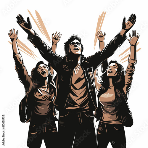 Christian worship young people silhouette lifting hand vector illustration