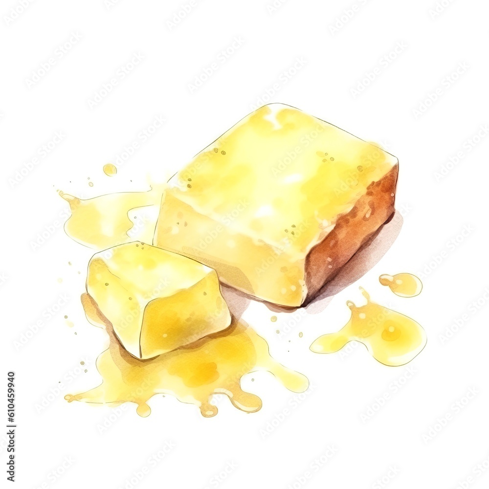 Fresh Organic Butter Dairy product Watercolor Square Background. Lactose And Protein Rich Food. Ai Generated, Drawn With Paint Splashes On White Background Tasty Creamy Butter Dairy Generative AI