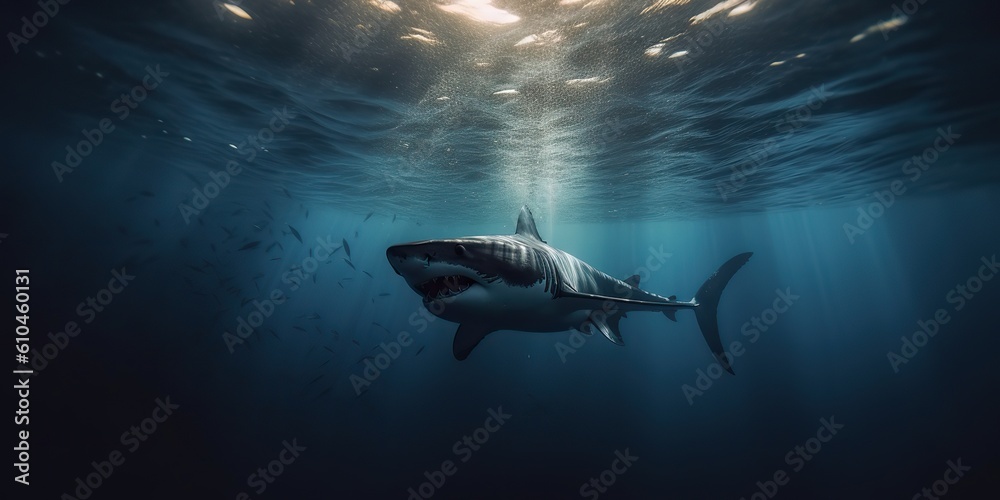 Obraz premium AI Generated. AI Generative. Photo illustration of dangerous unawer water shark black fish. Diving adventures. Graphic Art
