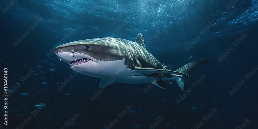 Fototapeta premium AI Generated. AI Generative. Photo illustration of dangerous unawer water shark black fish. Diving adventures. Graphic Art