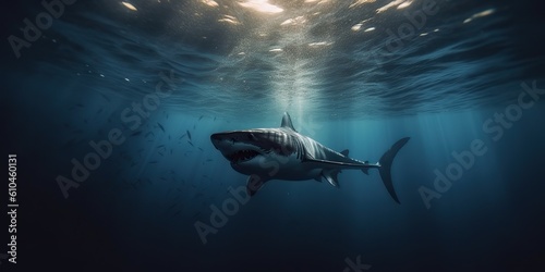 AI Generated. AI Generative. Photo illustration of dangerous unawer water shark black fish. Diving adventures. Graphic Art © AkimD