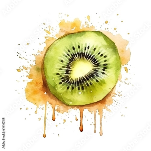 Organic Dried Kiwi Fruit Watercolor Square Background. Healthy Vegetarian Energy Snack. Ai Generated, Drawn With Paint Splashes On White Background Delicious Chewy Dried Kiwi Fruit. Generative AI