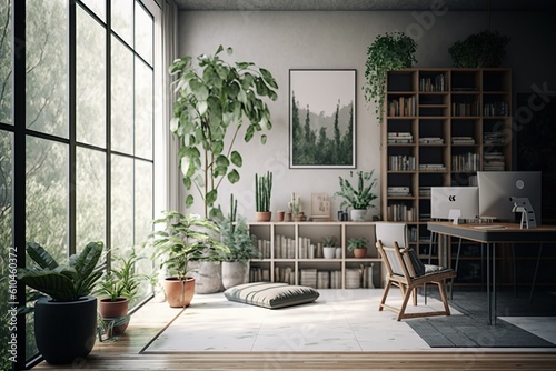 Interior Design with Window View, Furniture, and Plants
