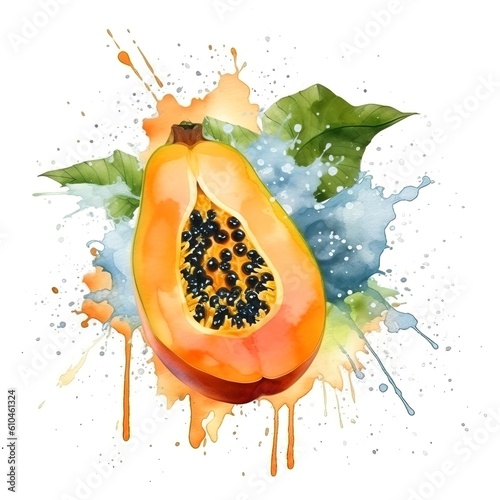 Fresh Organic Papaya Fruit Watercolor Square Background. Healthy Vegetarian Diet. Ai Generated, Drawn With Paint Splashes On White Background Delicious Juicy Papaya Fruit. Generative AI