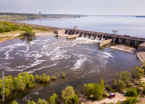 Aerial view of concrete dam on water reservoir near Voronezh  Russia