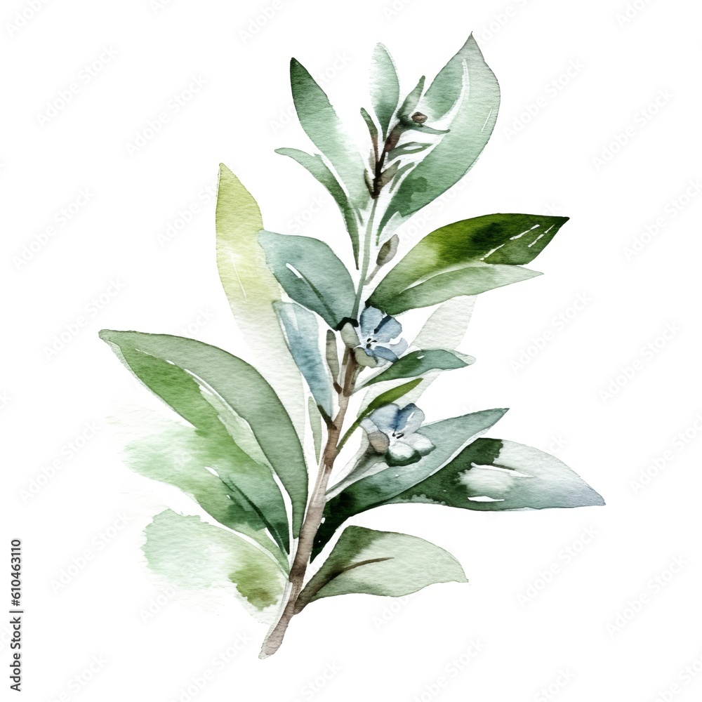 Aromatic Sage Herbs Watercolor Square Background. Healthy Vegetarian Diet. Ai Generated, Drawn With Paint Splashes On White Background Delicious Aromatic Sage Herbs. Generative AI