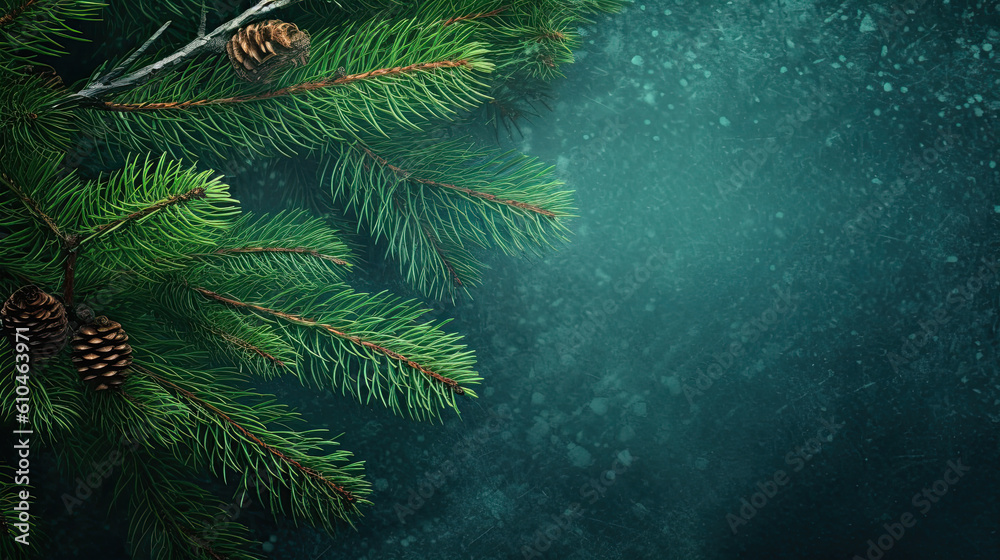 Christmas and New years eve Background. Beautiful Wide Angle Holiday Template with Christmas ball on fir tree and highlights. Web banner with copy space for design. Generative AI Christmas and New years eve Background. Beautiful Wide Angle Holiday Template with Christmas ball on fir tree and highlights. Web banner with copy space for design. Generative AI