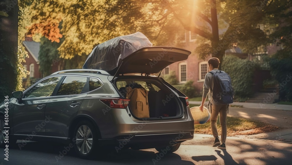 student loading campus belongings into the trunk of a car v2 ...