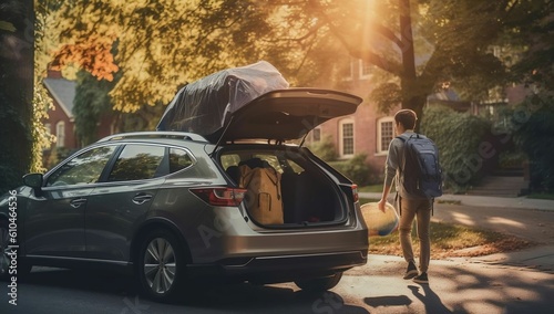 A student carefully loading their campus belongings into the car trunk