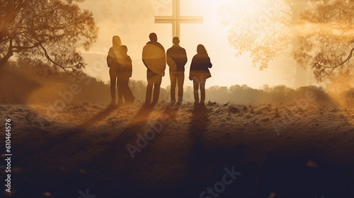 Leinwand Poster família em oração aos pés da cruz de jesus cristo, amor, oração e fé da família