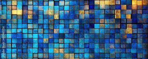Dark blue and gold cube or tile mosaic abstract background. Gold and blue cubes randomly arranged in a grid. hand edited generative AI. 