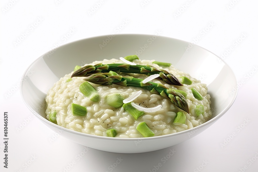 Delicious Bowl of Asparagus Risotto Isolated on a White Background. Generative AI Delicious Bowl of Asparagus Risotto Isolated on a White Background. Generative AI