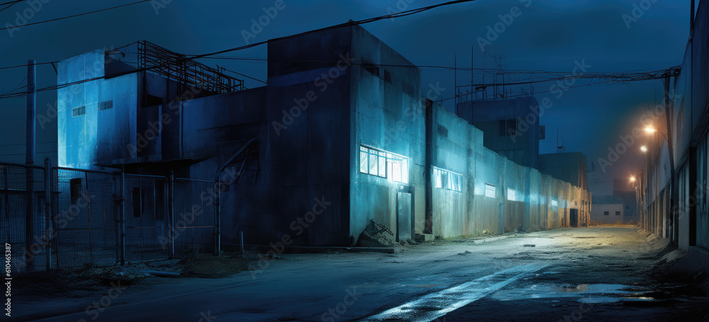 Midnight road or alley with of bad part of town. Trashy hazy asphalt road with building walls and metal net fences, crime, midnight activity concept. generative AI based. Midnight road or alley with of bad part of town. Trashy hazy asphalt road with building walls and metal net fences, crime, midnight activity concept. generative AI based.