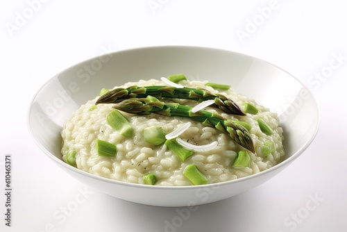 Delicious Bowl of Asparagus Risotto Isolated on a White Background. Generative AI