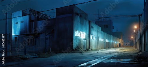 Midnight road or alley with of bad part of town. Trashy  hazy asphalt road with building walls and metal net fences  crime  midnight activity concept. generative AI based. 