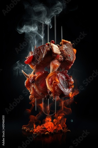 meat on the fire, meat skewer floating with fire isolated on black background
