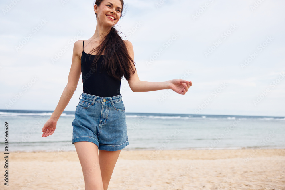 woman smile beach lifestyle sunset young summer travel person sea running woman smile beach lifestyle sunset young summer travel person sea running