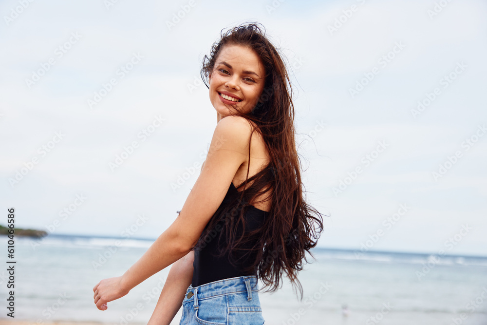woman sea smile caucasian young nature vacation ocean summer beach sand woman sea smile caucasian young nature vacation ocean summer beach sand