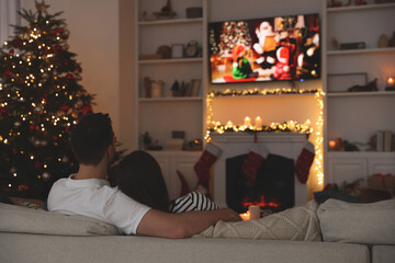 Couple watching Christmas movie via TV in cosy room, back view. Winter holidays atmosphere