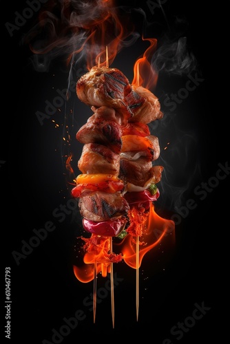 fire, meat skewer floating with fire isolated on black background