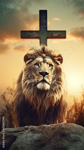 crucifixo de jesus cristo com leão da tribo de judá, simbolo de força e fé cristã 