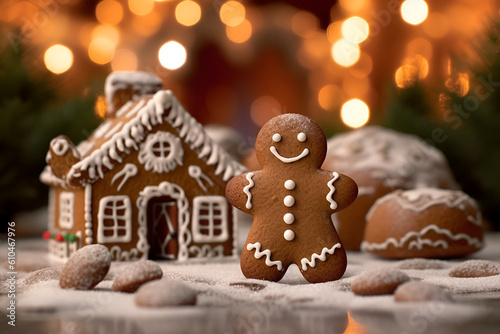 A Christmas gingerbread house with a gingerbread man on the outside, decorated in the spirit of Christmas. AI generated