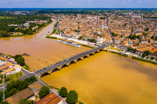 Panoramic view from the drone on the city Libourne. Confluence of the river Ile and Dordogne. France