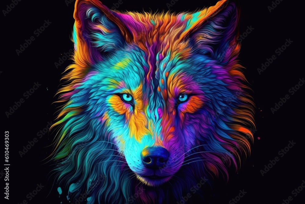 Fototapeta Colorful wolf portrait on black background. Animal art design. Created with Generative AI tools