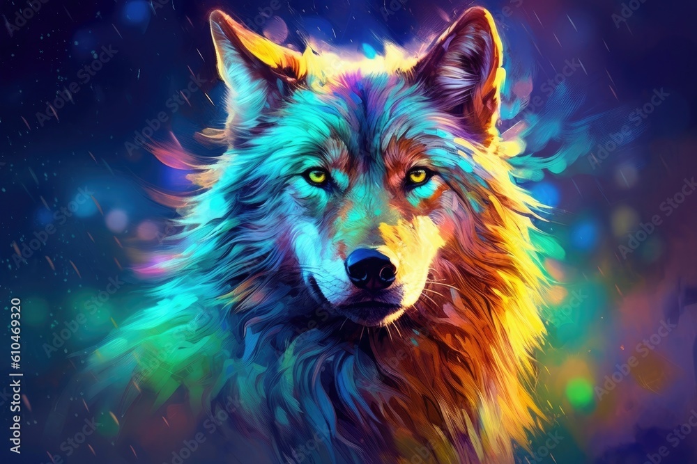 Wolf in front of a colorful background. Created with Generative AI tools Wolf in front of a colorful background. Created with Generative AI tools