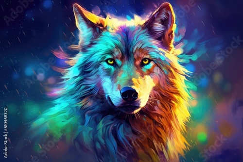 Wolf in front of a colorful background. Created with Generative AI tools