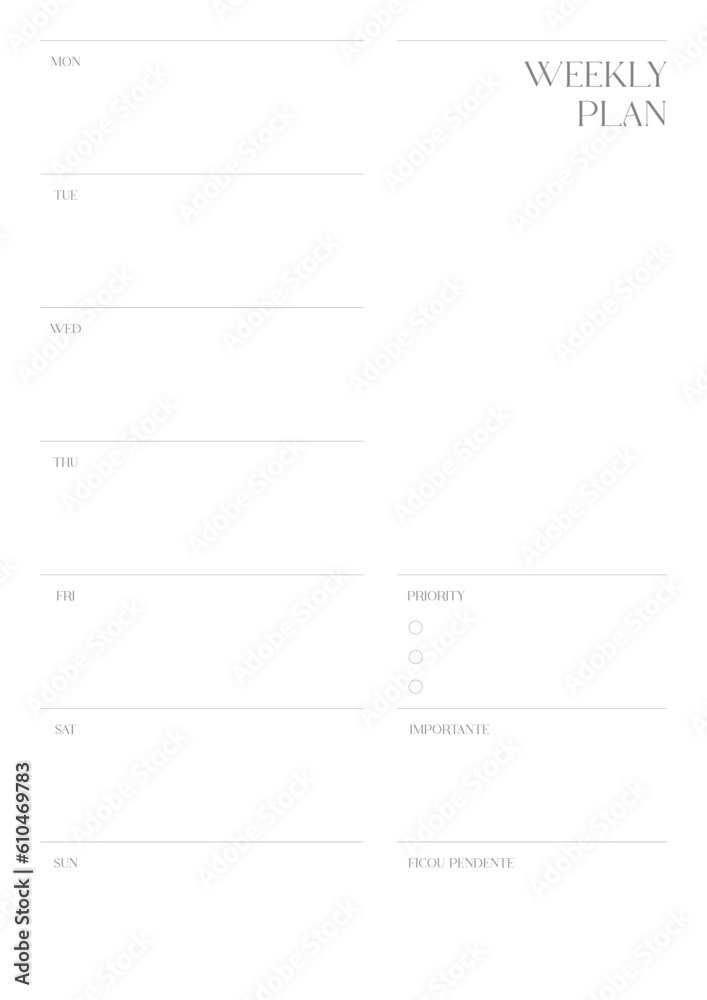 A weekly plan design template in a modern, simple, and minimalist style. Note, scheduler, diary, calendar, planner document template illustration. A weekly plan design template in a modern, simple, and minimalist style. Note, scheduler, diary, calendar, planner document template illustration.