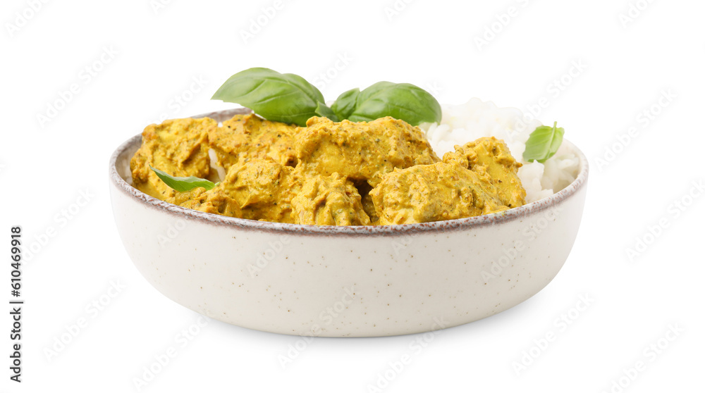 Delicious rice and chicken with curry sauce isolated on white