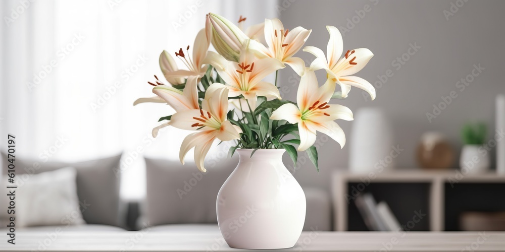 Beautiful vase of lily flowers on the table with sun exposure Beautiful vase of lily flowers on the table with sun exposure