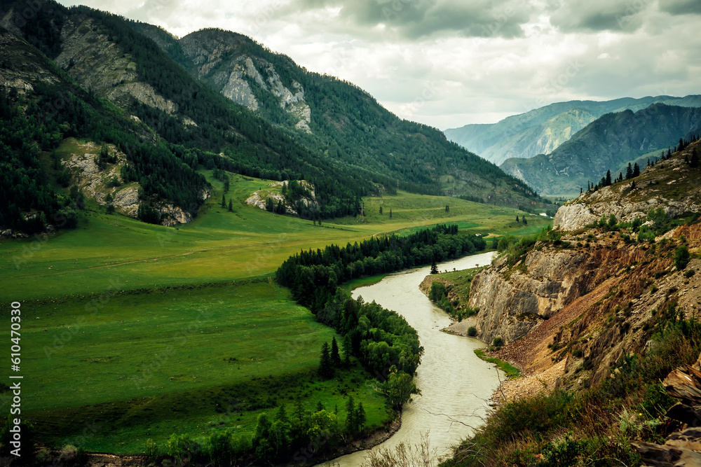Katun river valley. Altai republic, Siberia. Picturesque mountain landscape.