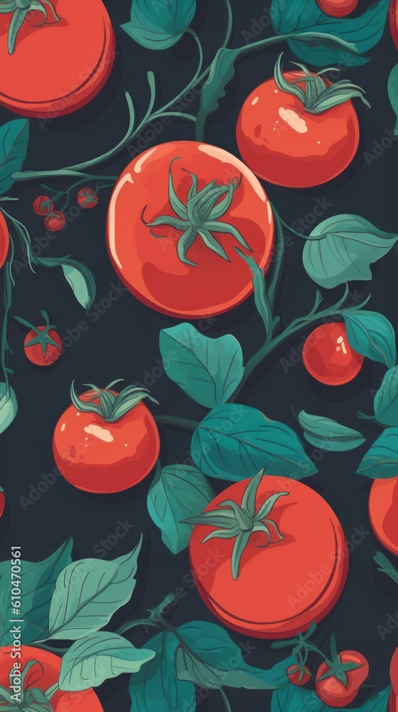 Fresh Organic Tomato Vegetable Cartoon Vertical Background Illustration. Healthy Vegetarian Diet. Ai Generated Drawning Background Illustration with Delicious Juicy Tomato Vegetable. Generative AI
