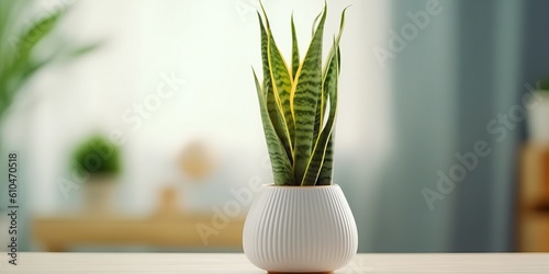 Beautiful vase of snake plant on the table with sun exposure