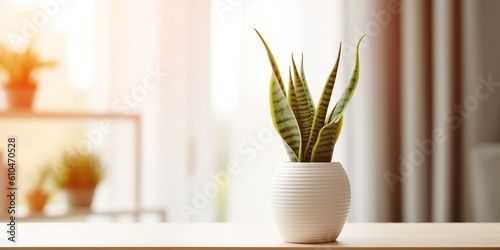 Beautiful vase of snake plant on the table with sun exposure