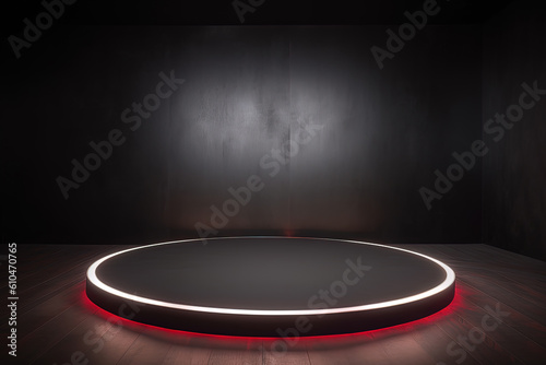 a circular platform podium with red neon light on dark background. Created with Generative AI Technology