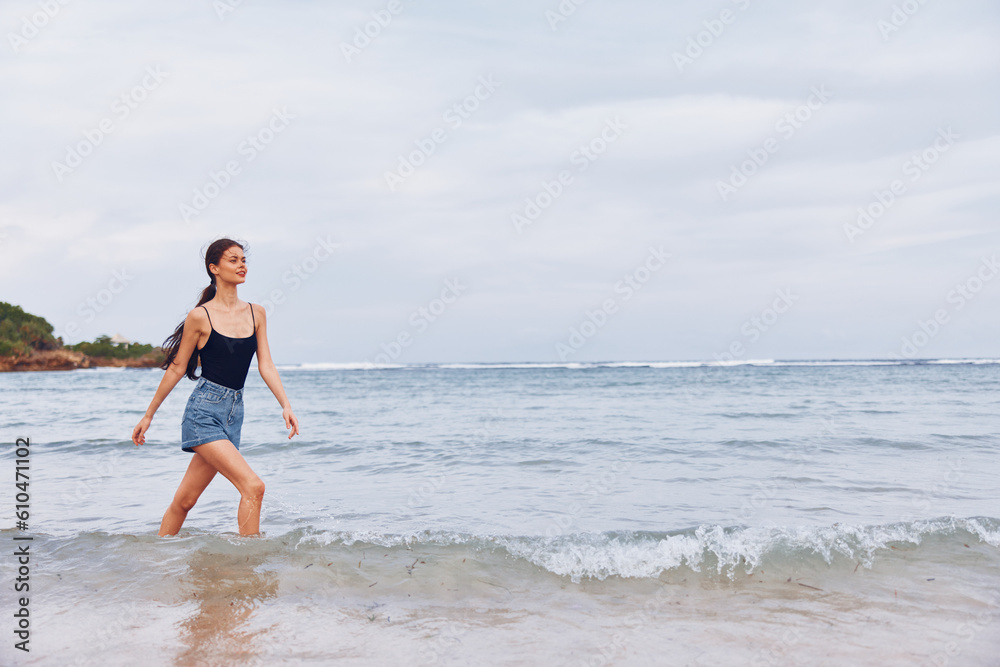 beach woman travel person summer sunset lifestyle smile running young sea