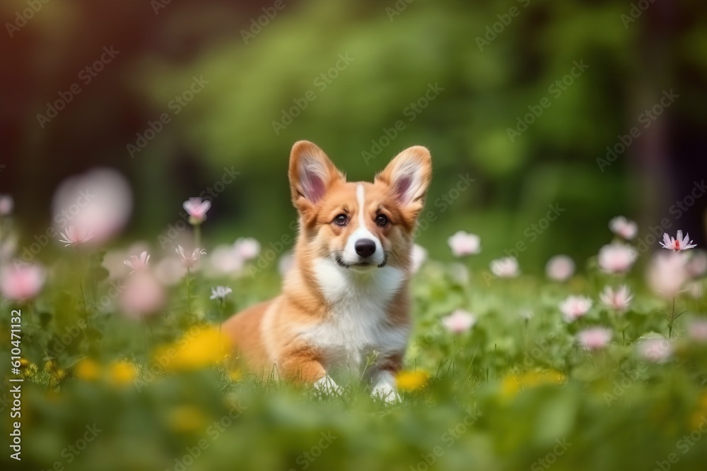 Portrait cute dog on the flower garden AI Generative Portrait cute dog on the flower garden AI Generative