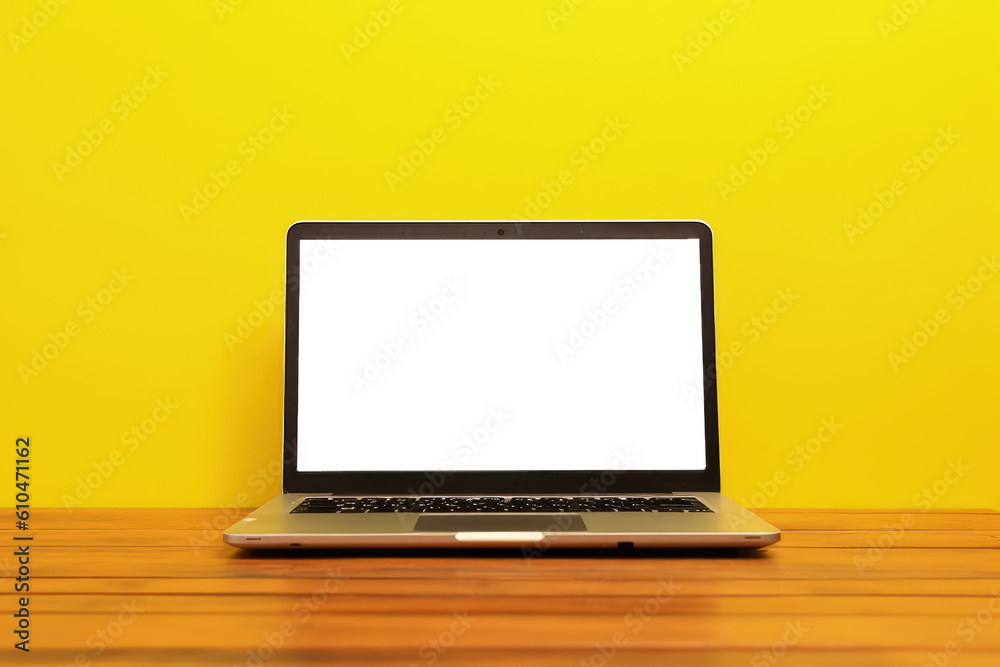 Laptop with transparent screen on top of wooden table and yellow background, Generative AI Laptop with transparent screen on top of wooden table and yellow background, Generative AI