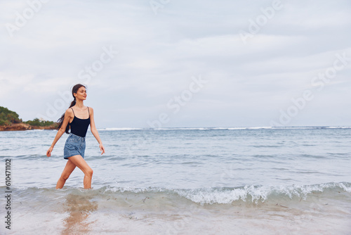 beach woman travel person summer sunset lifestyle smile running young sea
