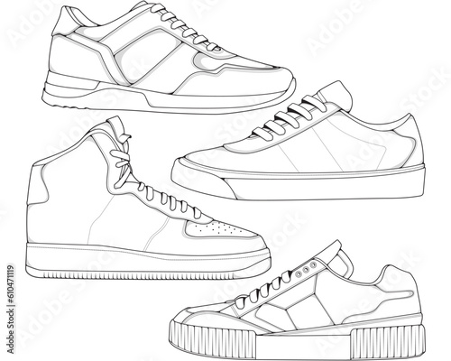 Set of shoes sneaker outline drawing vector, Sneakers drawn in a sketch style, bundling sneakers trainers template outline, vector Illustration.