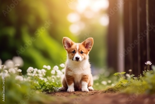 Portrait cute dog on the flower garden AI Generative