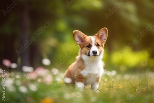 Portrait cute dog on the flower garden AI Generative