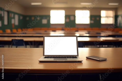 Laptop with transparent screen on top of table in classroom, laptop on top of school desk, Generative AI © Kaleb