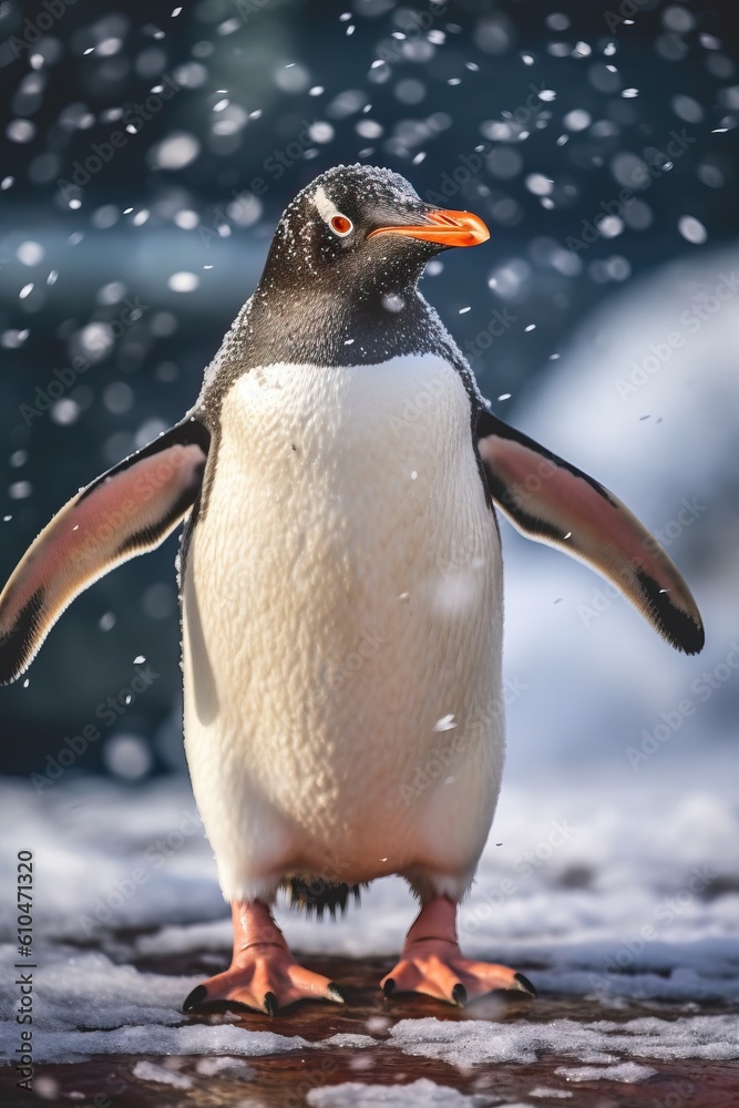 Fototapeta premium Portrait penguin standing in snowy hills AI Generative