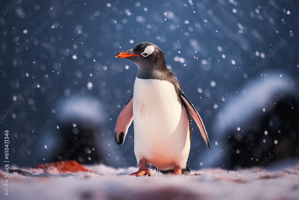Fototapeta premium Portrait penguin standing in snowy hills AI Generative