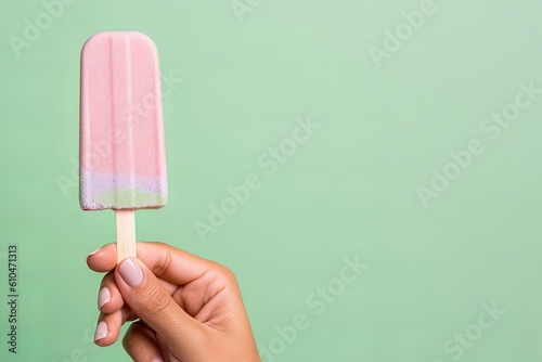 Hand holding popsicle isolated on green background with copy space. Created with Generative AI Technology