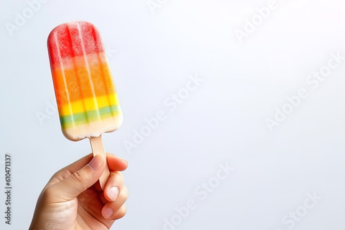 Hand holding popsicle isolated on white background with copy space. Created with Generative AI Technology